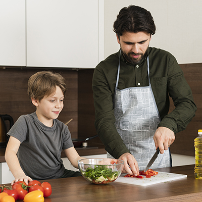 Men 7 high angles son father cooking salad